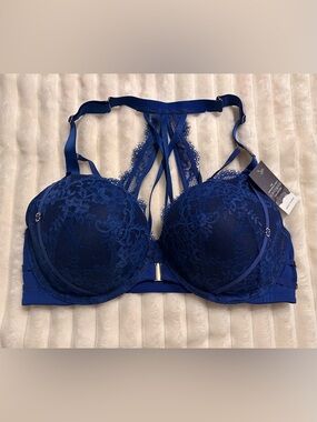 Lace Push-Up Bra in Deep Blue with Strappy Back Size 38DD